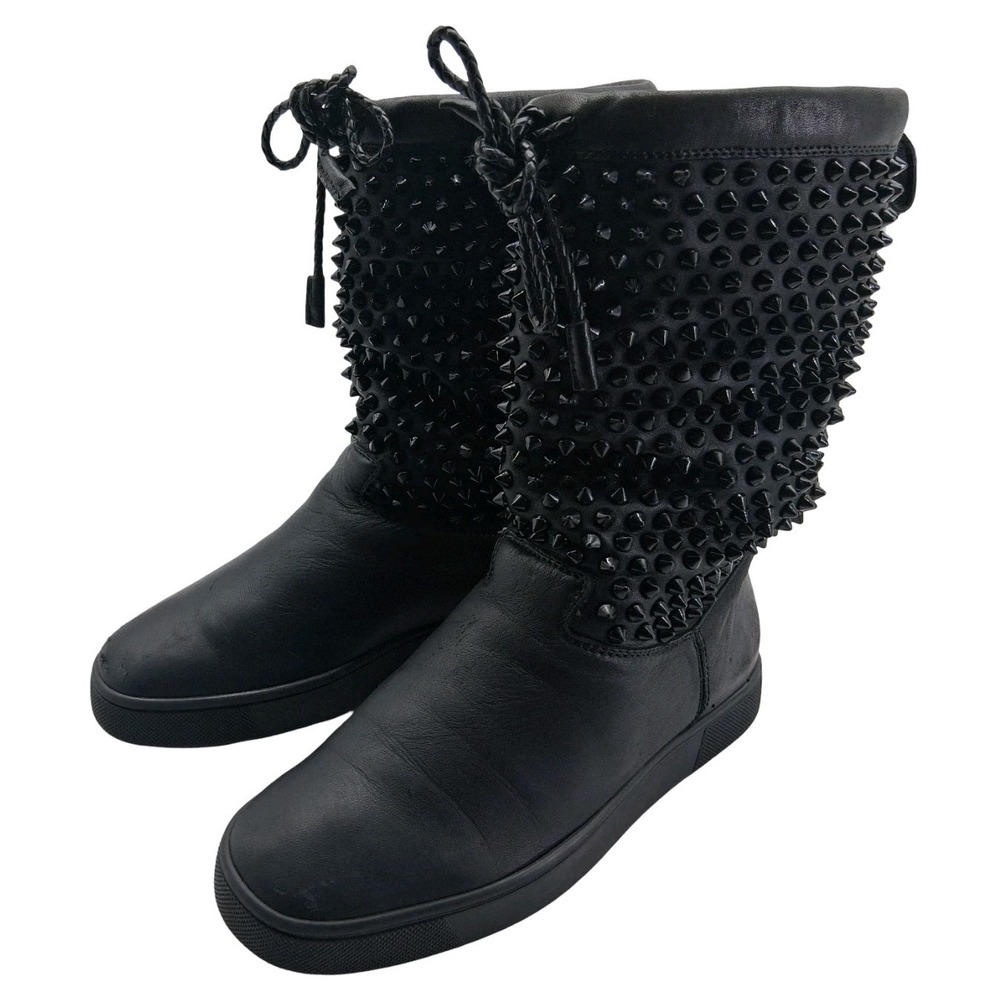 Christian Louboutin Boots Womens 36 US 6 Black Leather Spiked Mid Calf Red Sole
